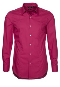 Dopasowana koszula z długim rękawem w żywym różowym kolorze, wykonana z gładkiej bawełnianej mieszanki. Posiada klasyczny kołnierzyk oraz sześcioprzyciskowy listwę z białymi guzikami.