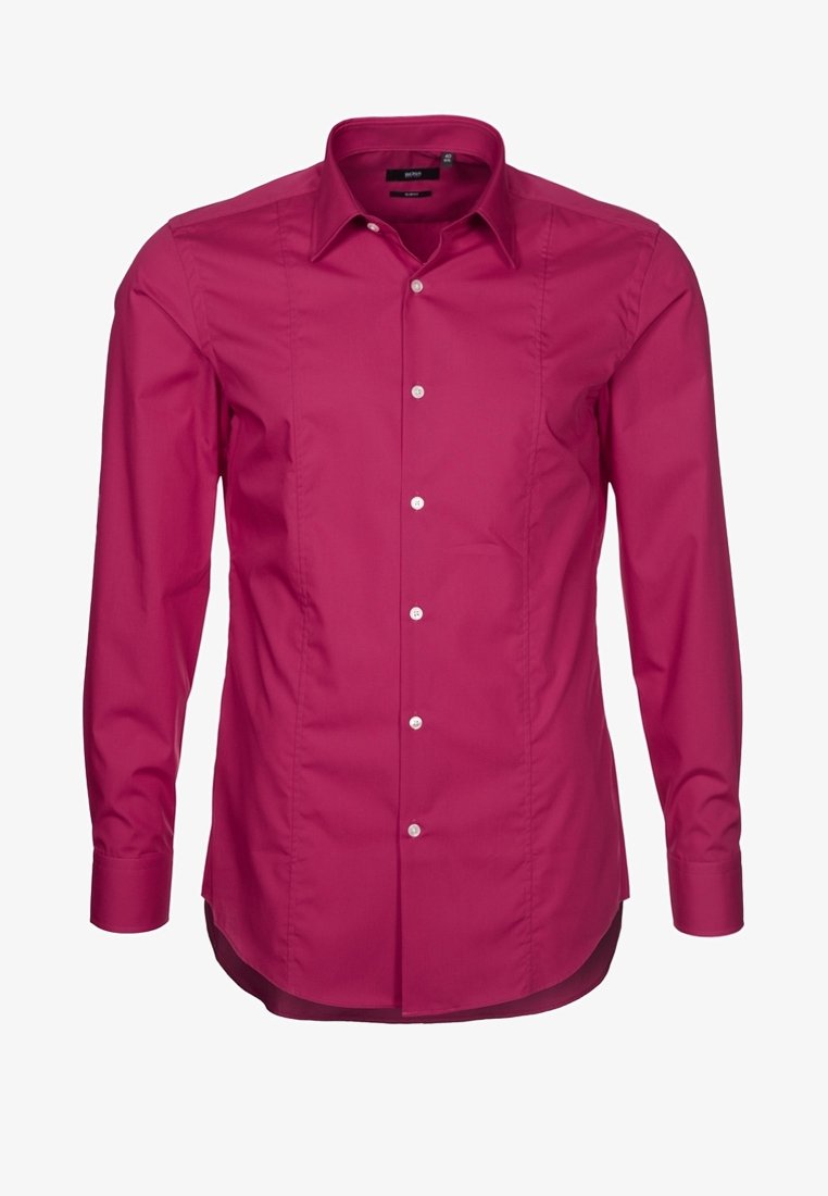 Dopasowana koszula z długim rękawem w żywym różowym kolorze, wykonana z gładkiej bawełnianej mieszanki. Posiada klasyczny kołnierzyk oraz sześcioprzyciskowy listwę z białymi guzikami.