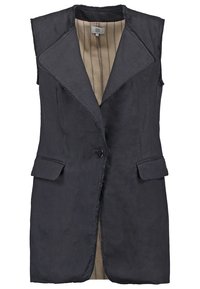 Gilet sans manches gris foncé, en tissu texturé, doté d'un col à revers, de deux poches frontales et d'une fermeture par boutons. Doublé d'un motif rayé.