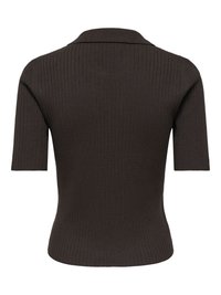 Haut en tricot côtelé marron foncé à manches courtes avec un col plat, taille cintrée, vu de dos.