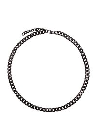 Schwarze Metallkette mit ineinander greifenden Gliedern, ausgestattet mit einer glatten Oberfläche und einem Verschluss. Einfaches Design ohne weitere Akzente.