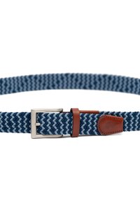 Gewebter Stoffgürtel mit blauem und hellblauem Fischgrätenmuster, silberner Metallschnalle und braunen Lederakzenten. Strukturierte und flexible Ausführung.