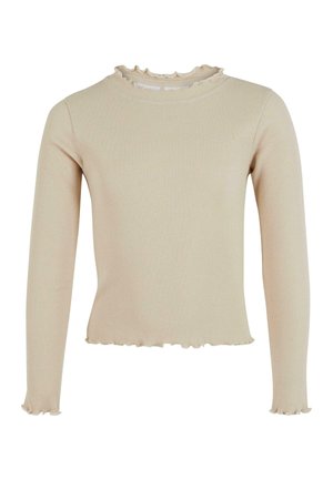 Langärmliges geripptes Top in hellem Beige mit einem Volant-Ausschnitt und -Saum. Glatte Textur, enganliegendes Design und dezenter Stretch.