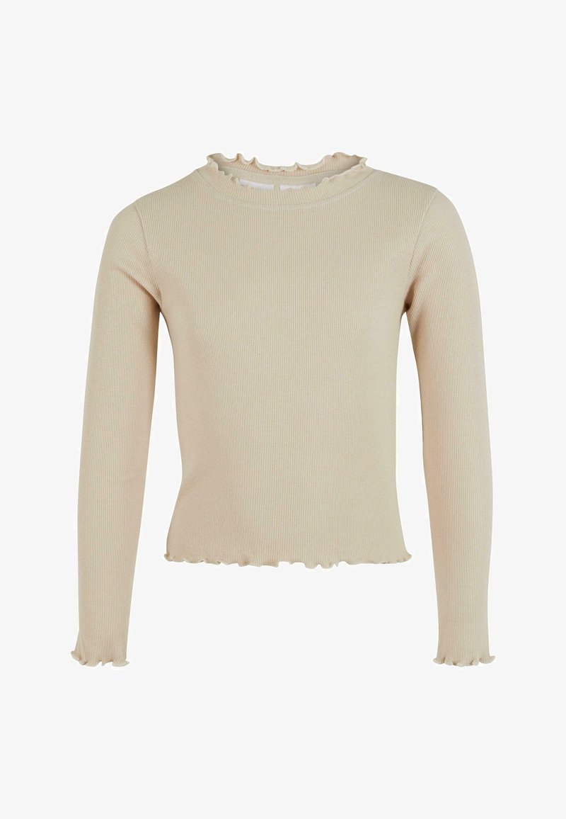 Hosszú ujjú bordázott felső világos bézs színben, fodros nyakkivágással és aljjal. Sima textúra, szabott fazon és enyhe rugalmasság jellemzi.