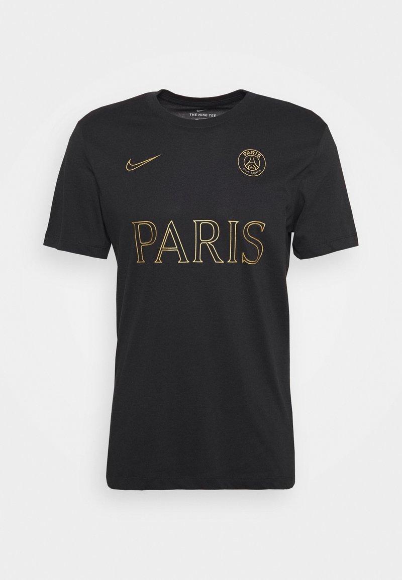 Černé tričko s krátkým rukávem Nike s zlatým nápisem "PARIS" na hrudi a logem Paris Saint-Germain v levém horním rohu.