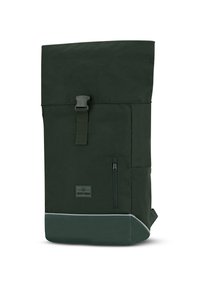 Sötétzöld anyagú, roll-top hátizsák elülső cipzáras zsebbel, állítható vállpánttal és szürke részletekkel az alján. Tartós anyag és letisztult dizájn.