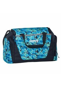 Bolsa de viaje con un patrón abstracto en azul, verde y negro. Fabricada en un tejido duradero, cuenta con dos asas, detalles en gris y un cierre de cremallera.