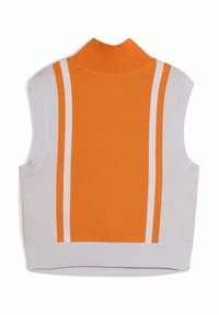 Chaleco de punto sin mangas con un alto cuello. El color principal es naranja con rayas blancas y naranjas a los lados. Material texturizado y ligero.