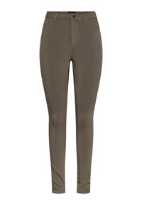 Bruine slim-fit broek gemaakt van een gladde, elastische stof. Voorzien van een knoop- en ritssluiting, een ontwerp met vijf zakken en een middelhoge taille.