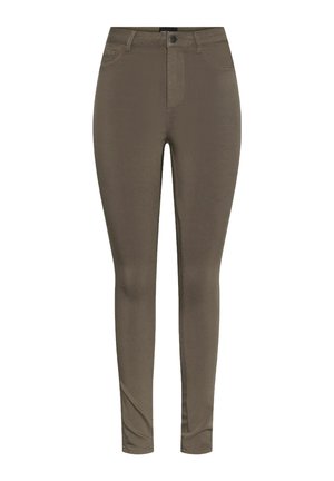 Pantaloni slim-fit marroni realizzati in un tessuto liscio e elasticizzato. Presentano una chiusura con bottone e zip, design a cinque tasche e vita a media altezza.