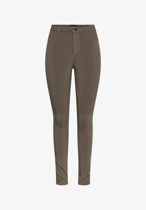 Brūni slim-fit bikses, kas izgatavotas no gludas, elastīgas auduma. Iekļauj pogu un rāvējslēdzēja aizdari, piecu kabatu dizainu un vidēja augstuma jostasvietu.