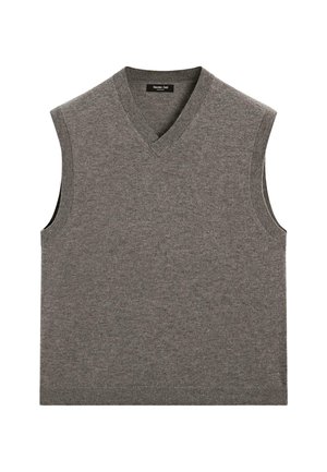 Gilet in maglia grigia senza maniche con scollatura a V e bordi a costine, posato su uno sfondo bianco.