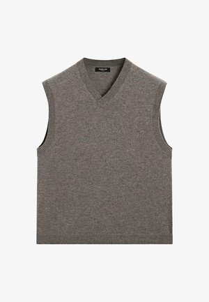 Grijze mouwloze V-hals gebreide trui met geribbelde randen, plat gelegd op een witte achtergrond.