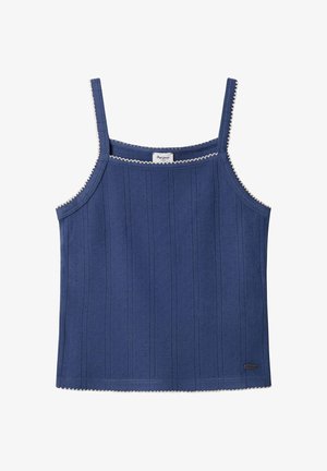 Top de algodón azul marino sin mangas con tirantes estrechos, con líneas verticales texturizadas y borde festoneado a lo largo del escote y el dobladillo.