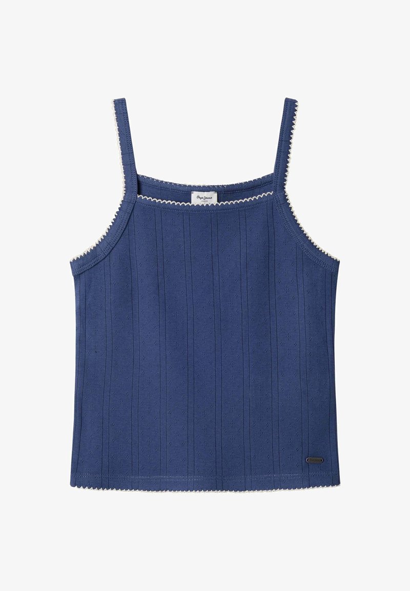 Námornícka modrá bavlnená tielková košieľka s úzkymi ramienkami, s textúrovanými vertikálnymi líniami a vlnkovaným lemom pozdĺž výstrihu a lemu.