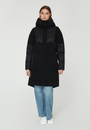 Black puffer coat with a hood, featuring a mix of matte and shiny textures, a knee-length design, and a front zipper closure.