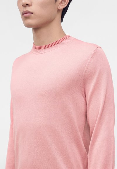 Jeune personne portant un pull rose clair à col rond et à manches longues, debout devant un fond clair uni.