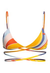 Kleurrijke bikinitop met dunne bandjes. Heeft een driehoekige vorm en overlappende gebogen patronen in oranje, geel, blauw en roze.