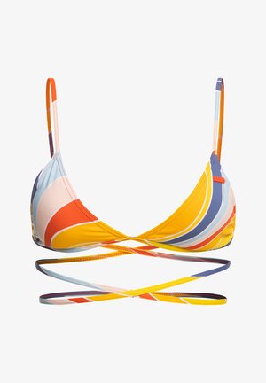 Värikäs bikiniyläosa ohuiden hihnojen kanssa. Ominaisuuksiin kuuluu kolmion muoto ja päällekkäiset kaarevat kuviot oranssissa, keltaisessa, sinisessä ja vaaleanpunaisessa.