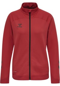Rote Jacke mit Reißverschluss und strukturiertem Finish, schwarzem Logo und Akzenten. Verfügt über einen hohen Kragen und Belüftungsdetails an den Schultern.