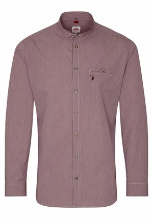 Long-sleeve button-up shirt in red and white checkered pattern. Features a band collar, single chest pocket, and button closure.
