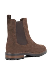 Brown suede ankle boot with elastic side panels, a round toe, and a rubber sole featuring a stacked heel. Clean design with minimal accents.