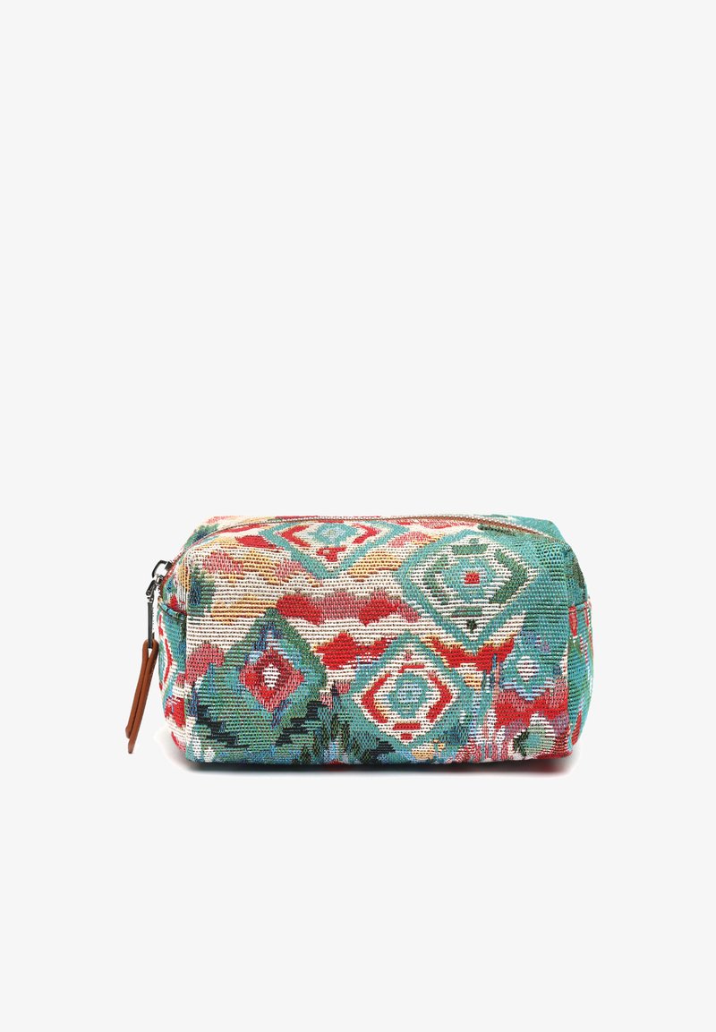 Rectangular pouch with multicolored geometric and floral patterns, featuring a zipper and a brown leather pull tab.