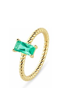 Guld snoet ring med en smaragdskåret turkissten holdt af fire kløer. Glat tekstur med en blank finish.