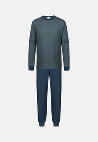 Haut à manches longues bleu marine pour homme avec de fines rayures horizontales et un pantalon bleu marine assorti, les deux avec des ourlets à revers.