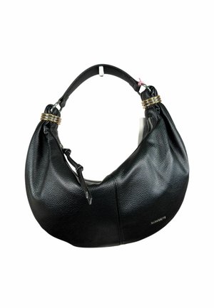 Borsa a mezzaluna in pelle nera con una sola tracolla, anelli color oro vicino agli attacchi della maniglia e un piccolo dettaglio con cerniera.