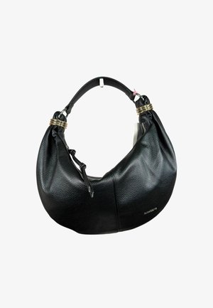 Borsa a mezzaluna in pelle nera con una sola tracolla, anelli color oro vicino agli attacchi della maniglia e un piccolo dettaglio con cerniera.