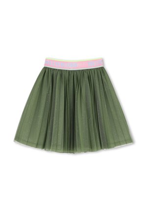 Groene tule rok met glinsterende details en een roze elastische tailleband met het woord "BILLIEBLUSH" in blauwe letters.