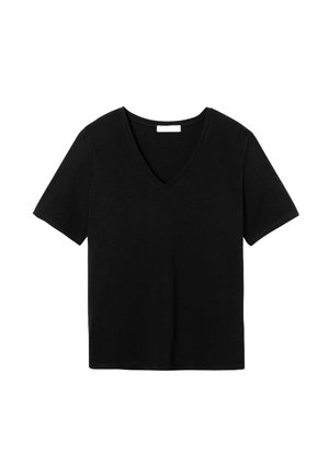 T-shirt noir à manches courtes avec un col en V, fabriqué dans un tissu doux. Design simple, sans motifs ni accents. Ourlet droit et coupe régulière.