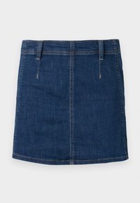Mørkeblå denimskjørt med en tettsittende design, frontlommer og synlige sømmer. Har rett kant og beltestropper.