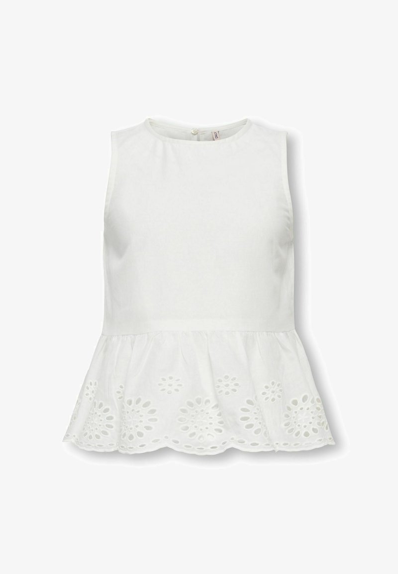 Blouse blanche sans manches avec encolure ronde et ourlet à volant brodé à jour avec des motifs floraux découpés.