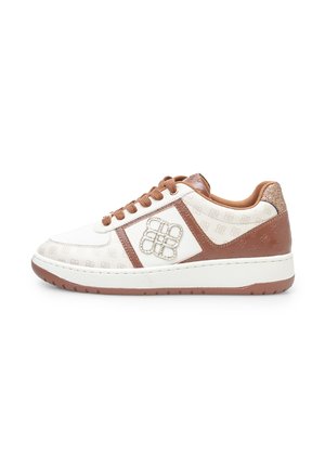 White sneaker with brown accents, textured upper, lace closure, a decorative logo on the side, and a rubber sole.
