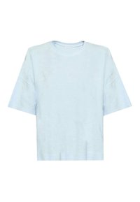 Lichtblauw T-shirt met korte mouwen, zachte textuur, ontspannen pasvorm, ronde hals, iets verlaagde schouders, zonder zichtbare patronen of merkvermelding.