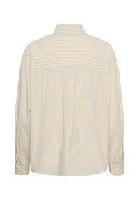 Chemise à manches longues boutonnée avec des rayures verticales jaunes et blanches, vue de dos, empiècement avec des rayures horizontales et poignets boutonnés.