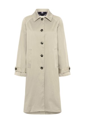 Beige Trenchcoat mit Kragen, fünf schwarzen Knöpfen, zwei Seitentaschen und hochgerollten Ärmeln mit Knopfdetails. Glattes, leichtes Material.