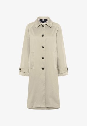 Beige trenchcoat met een kraag, vijf zwarte knopen, twee zijzakken en omgeslagen mouwen met knoopdetails. Soepele, lichtgewicht stof.