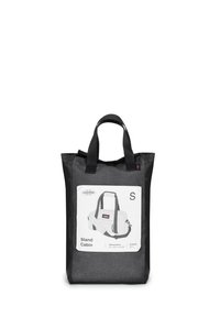 Borsa a mano nera e grigia con due manici, presenta un'immagine stampata del prodotto e le specifiche. Realizzata in tessuto resistente, forma rettangolare.