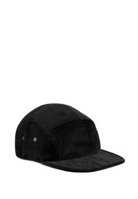 Schwarze Cordmütze mit flacher Krempe, ausgestattet mit einem strukturierten Sechspaneldesign und metallenen Belüftungsösen an den Seiten.