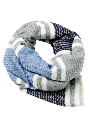 Écharpe tricotée douce avec des rayures horizontales bleu, gris, blanc et marine, pliée en forme circulaire.
