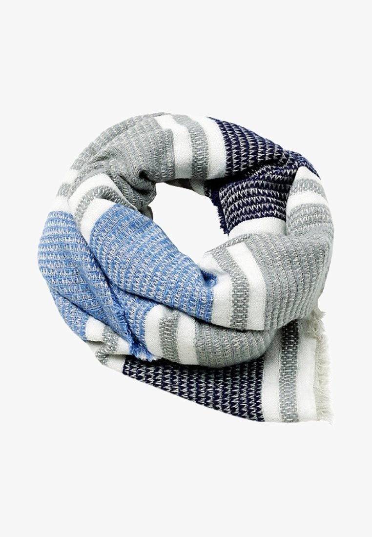 Écharpe tricotée douce avec des rayures horizontales bleu, gris, blanc et marine, pliée en forme circulaire.