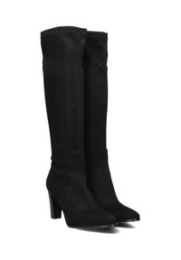 Zwarte over-de-knie laarzen van zacht suede met een chunky hak en een glad, gestroomlijnd ontwerp. Heeft een spitse neus en geen zichtbare hardware.