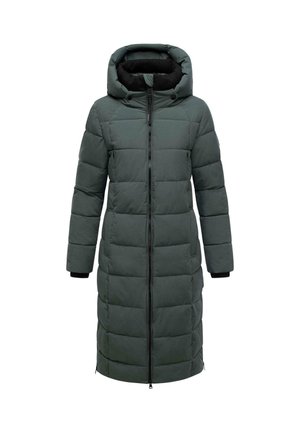 Pardessus lungo e verde scuro, imbottito, con cappuccio, dotato di zip frontale, design trapuntato, tasche laterali e fodera nera vicino al viso.