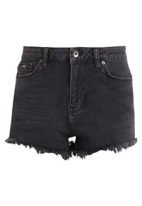 Shorts en denim noir avec un ourlet effiloché, taille haute et style classique à cinq poches. Présente une fermeture à bouton et à zip à l'avant.
