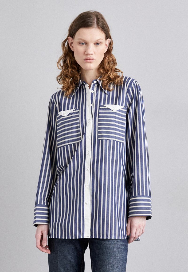 Camicia a righe con bottoni, blu e bianca, dotata di due tasche frontali, maniche lunghe e un colletto classico. Tessuto con una superficie liscia.
