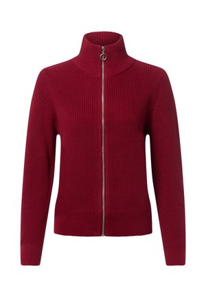 Maglione a coste rosso con collo alto, zip completa e maniche lunghe. Presenta un design texture e un elastico in vita aderente.
