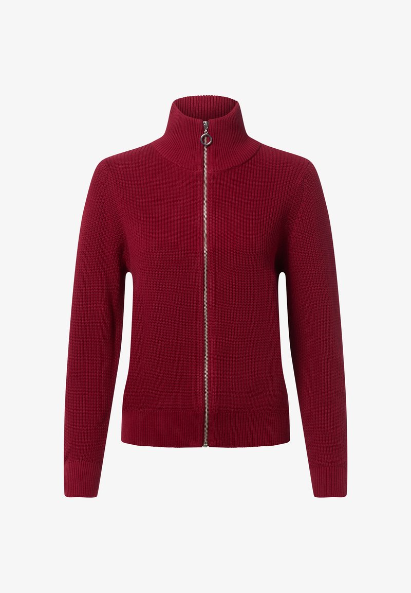 Czerwony sweter z prążkowanego splotu, z wysokim kołnierzem, pełnym zamkiem błyskawicznym i długimi rękawami. Posiada teksturowany wzór oraz dopasowany pas.